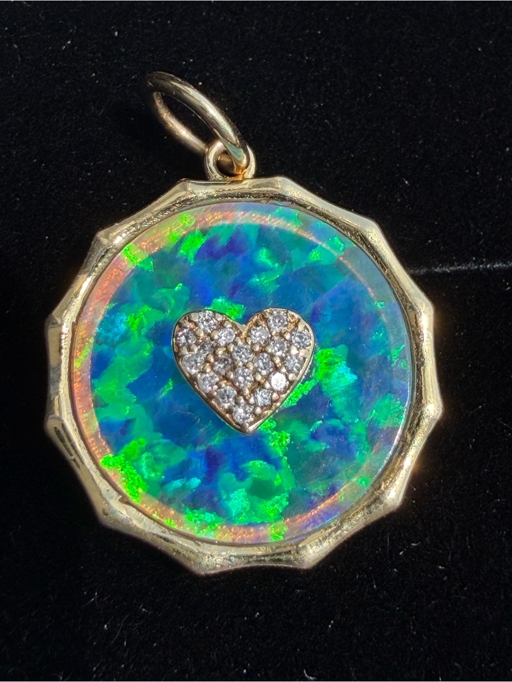 14k Gold Opal Heart Pendant Necklace Charm - Green Blue Opal with Pavé Heart